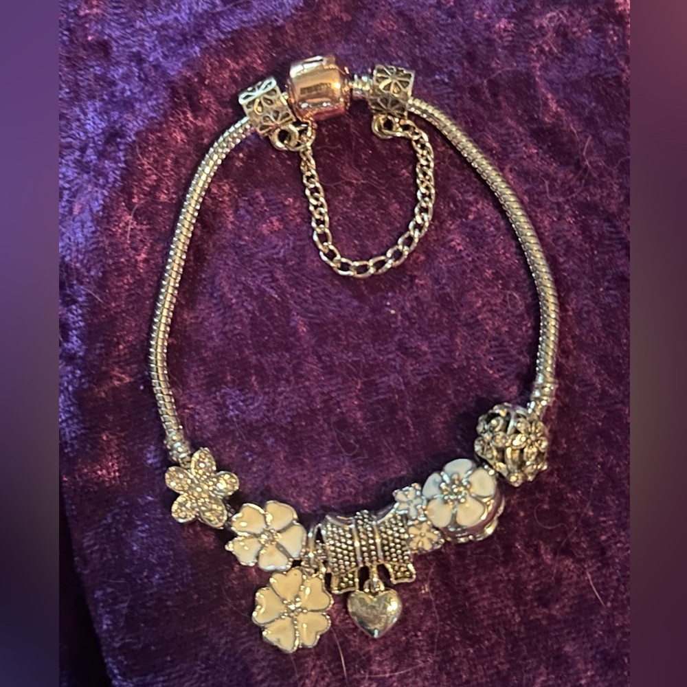 .925 Silver Floral Bracelet with Charms
